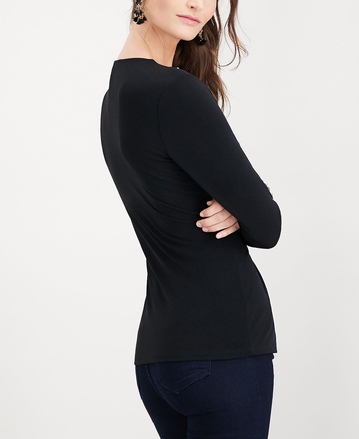 INC International Concepts Women's Embellished Long Sleeve V Neck Top Black Size XX-Large