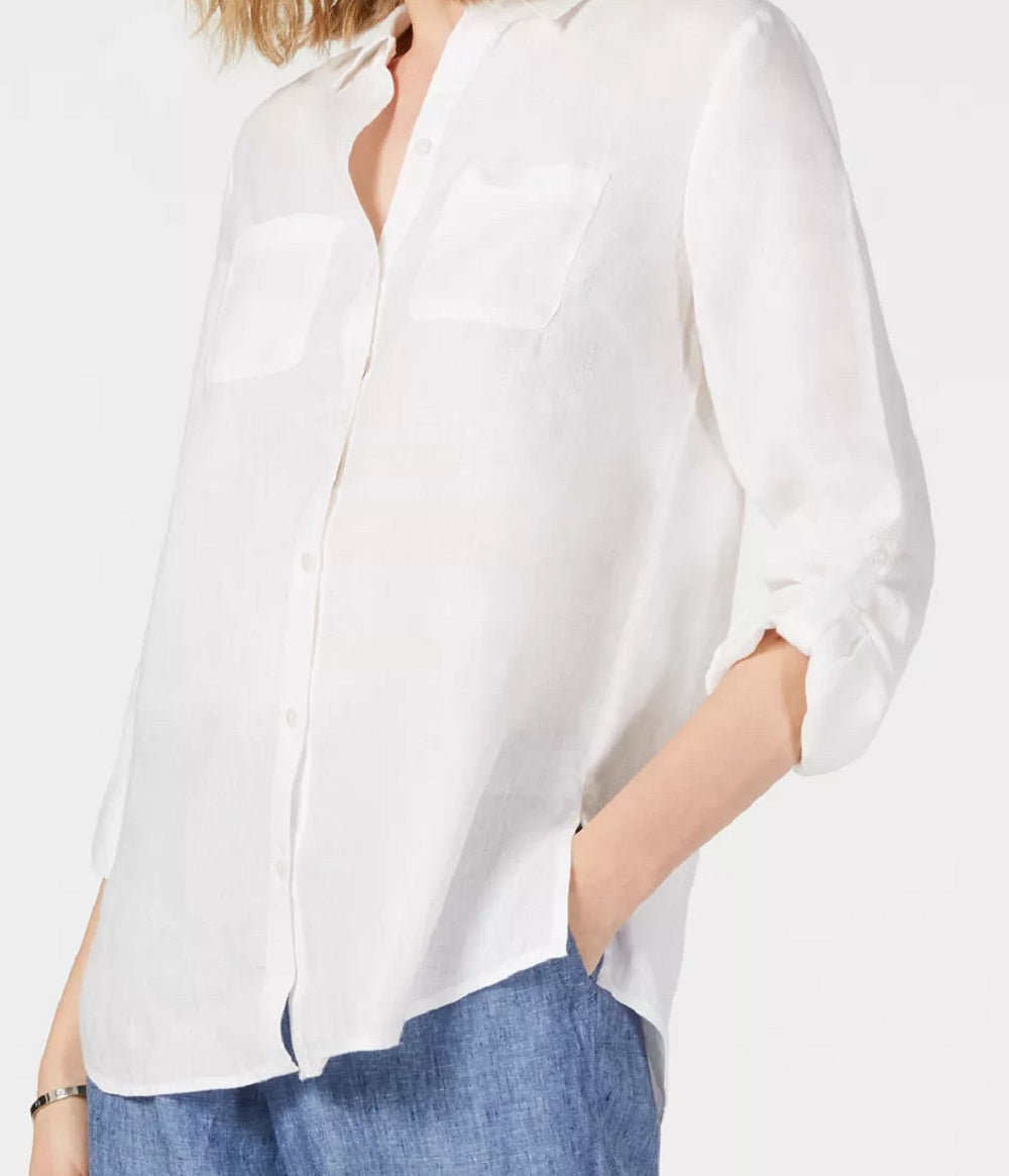 Charter Club Women's Linen Button Front Shirt White Size Petite X-Large