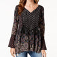 Style & Co Women's Printed Peasant Top Black Size Petite