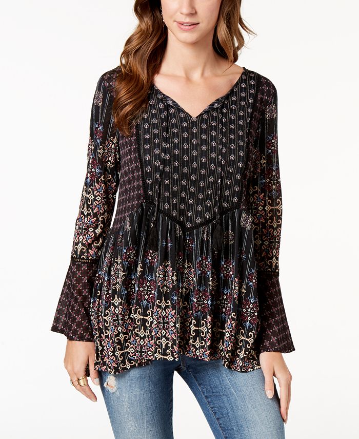 Style & Co Women's Printed Peasant Top Black Size Petite