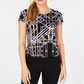 Alfani Women's Printed Round Hem T Shirt Black Size Petite Large