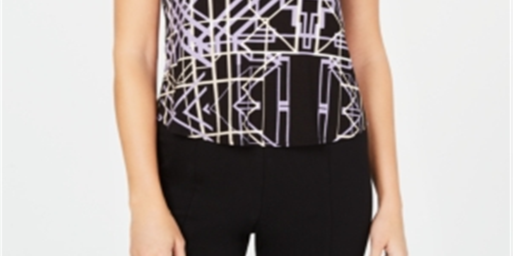 Alfani Women's Printed Round Hem T Shirt Black Size Petite Large