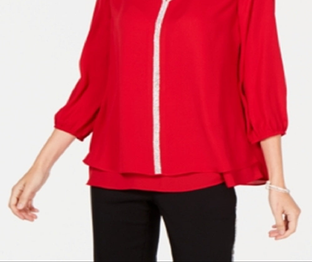JM Collection Women's Jeweled Tiered Hem Blouse Red Size Large