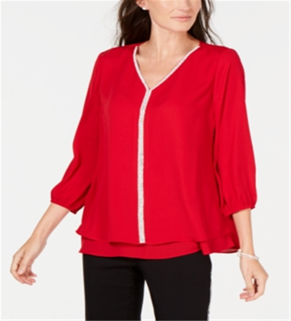JM Collection Women's Jeweled Tiered Hem Blouse Red Size Large