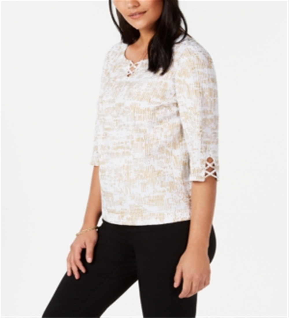 JM Collection Women's Lattice Detail Top White