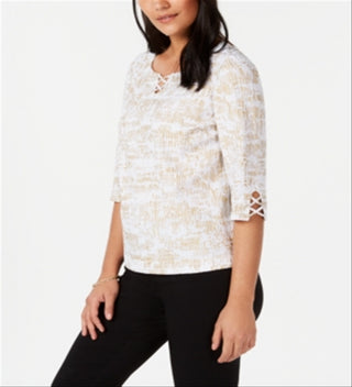 JM Collection Women's Lattice Detail Top White