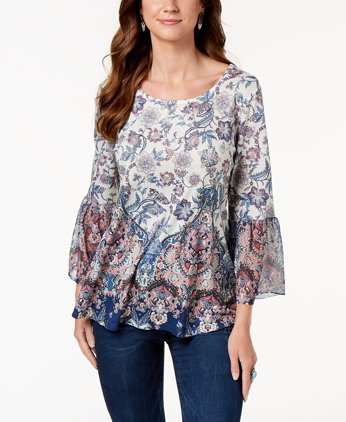 Style & Co Women's Printed Flare Sleeve Blouse White Size X-Small