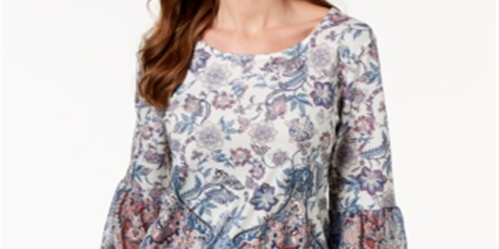 Style & Co Women's Printed Flare Sleeve Blouse White Size X-Small