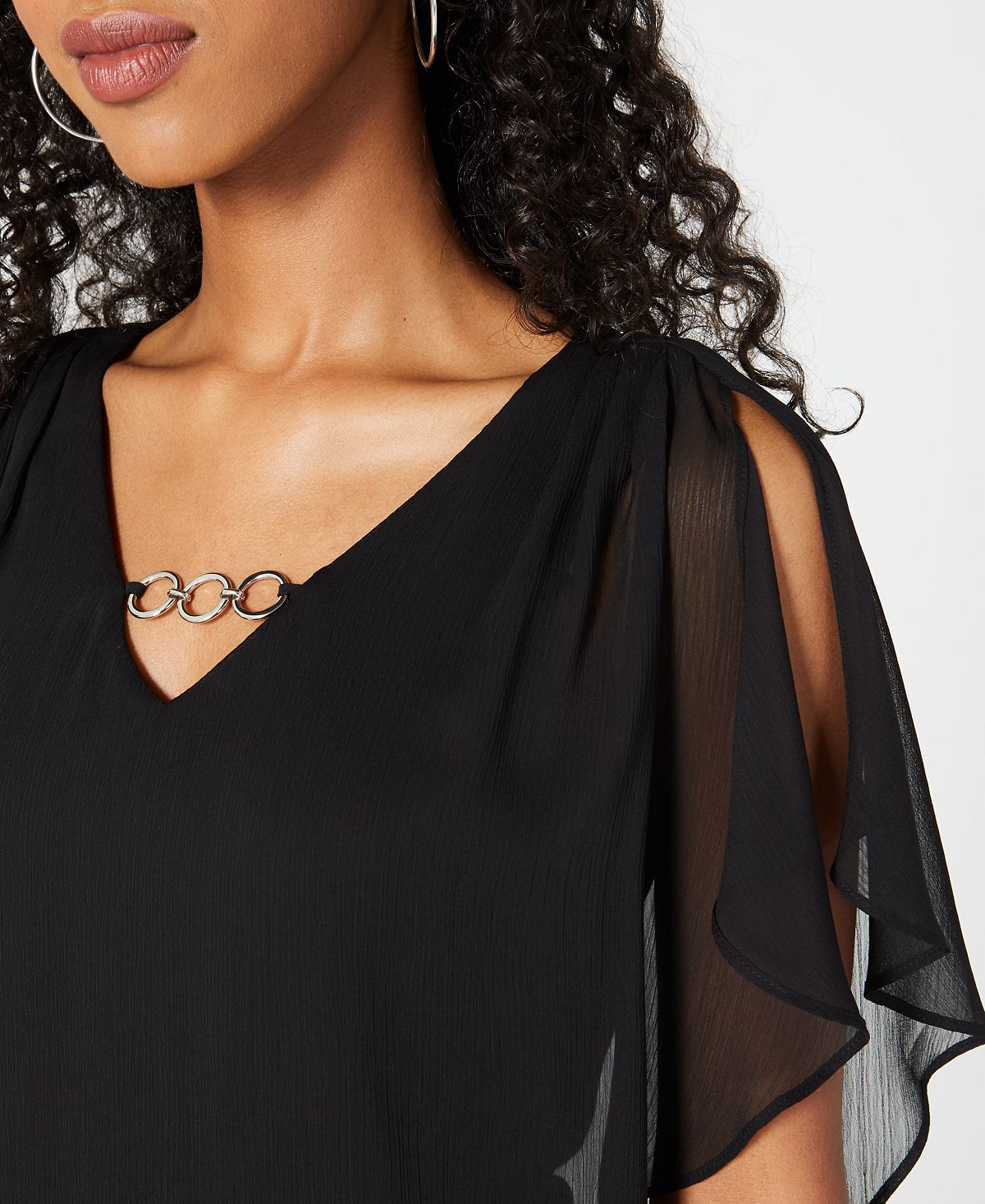 BCX Junior's Solid 3/4 Sleeve Chiffon Blouse Black Size Medium