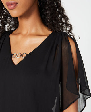 BCX Junior's Solid 3/4 Sleeve Chiffon Blouse Black Size Medium