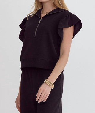 Entro - Half Zip Textured Flutter Sleeve Top