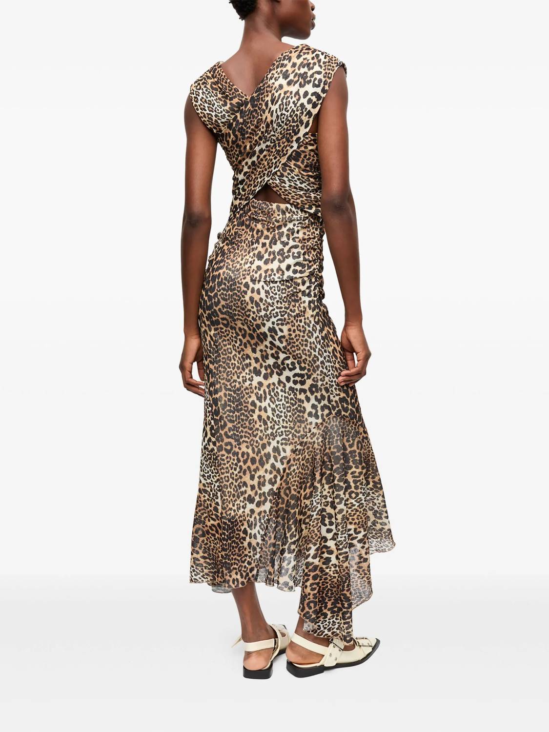 Ganni - Printed Marl Mesh Long Ruched Crossover Dress