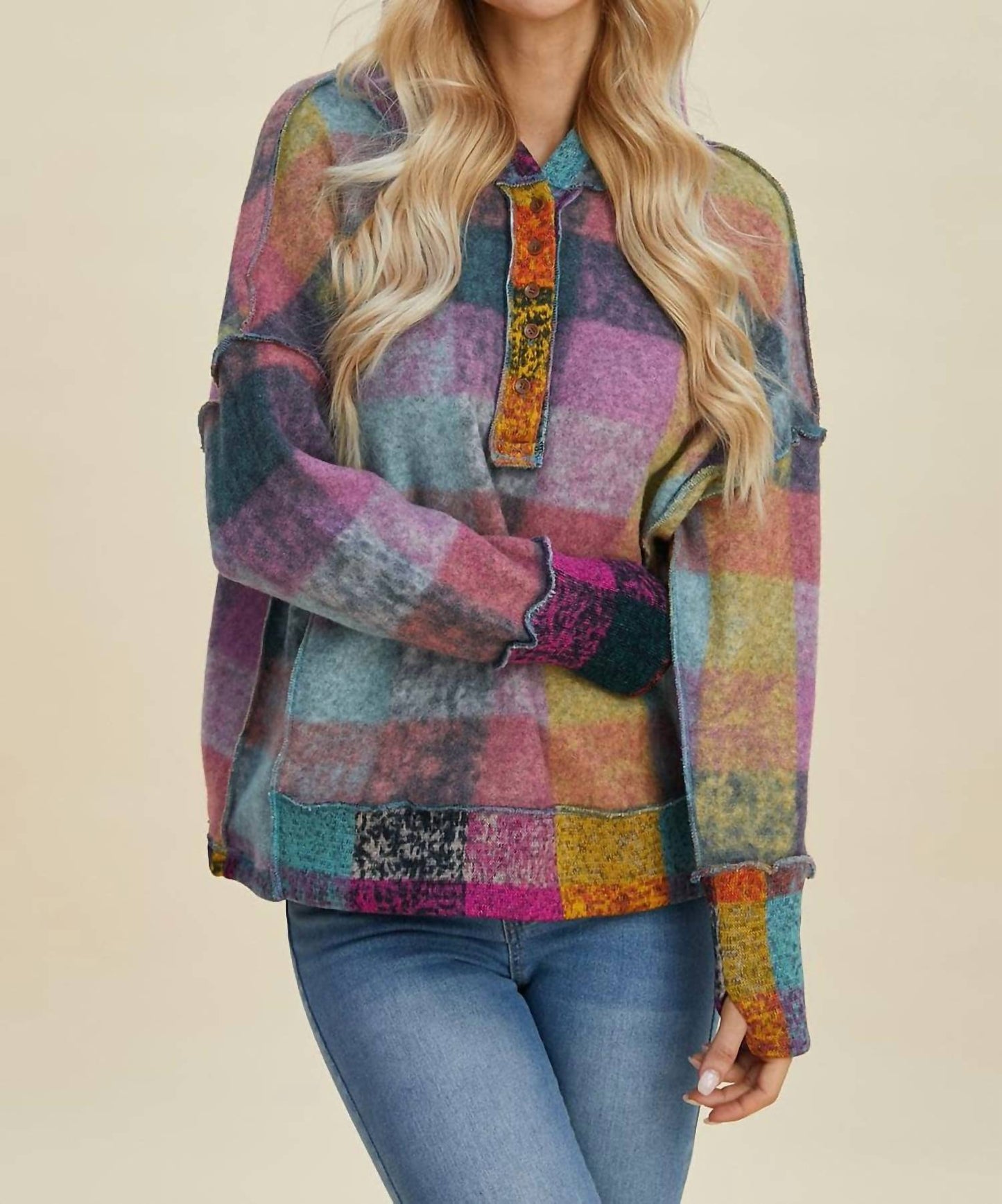 Double Take - Cozy Plaid Oversized Hoodie