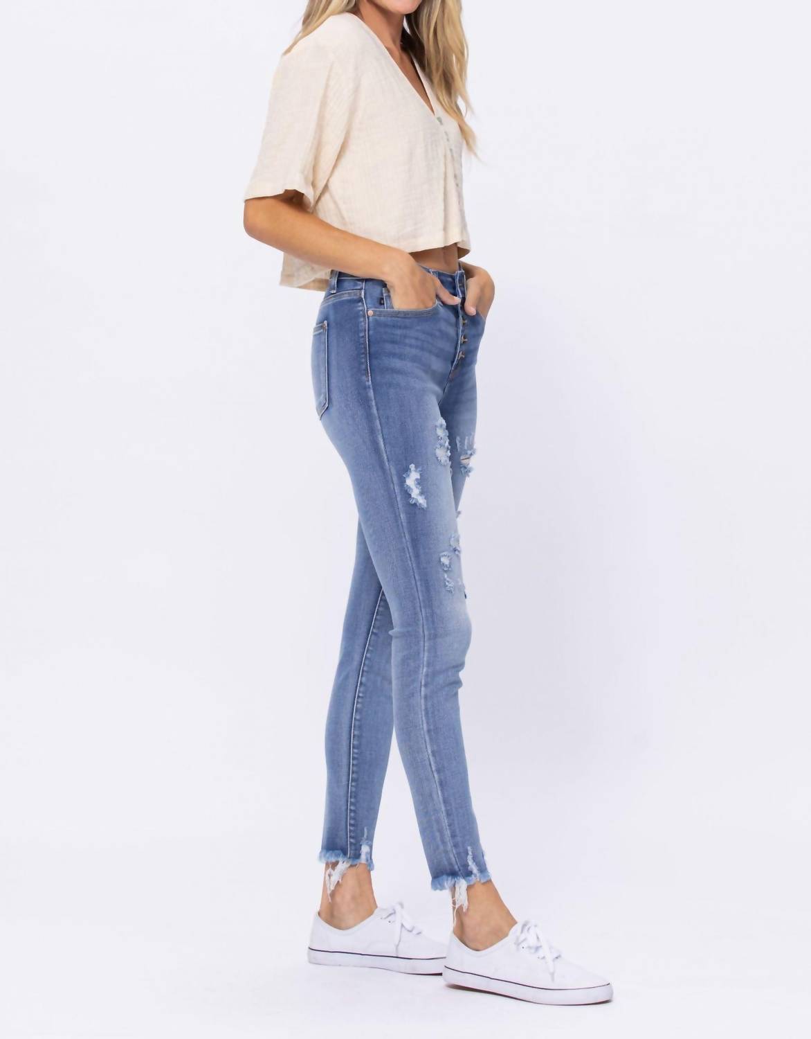 Judy Blue - High Waist Destroyed Button Fly Skinny Jeans
