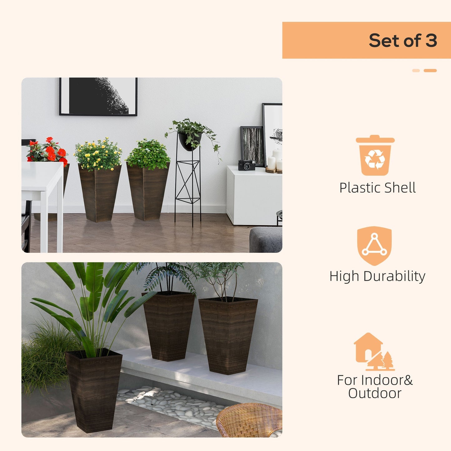 Outsunny 28" Tall Outdoor Planters - Set of 3 Large Tapered Planters