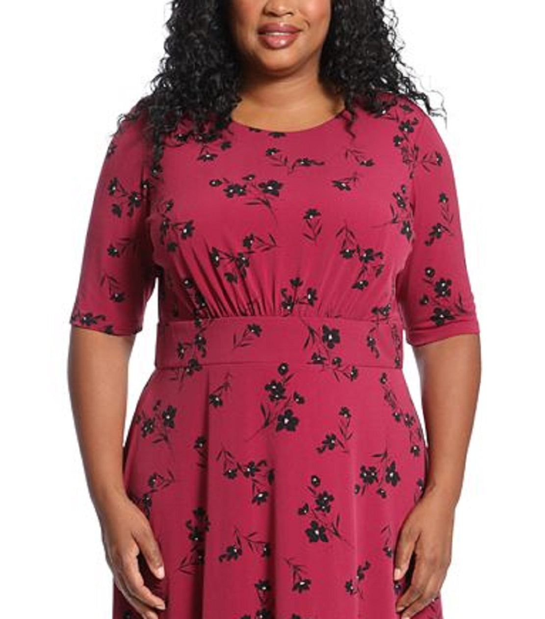 London Times Women's Three Quarter Sleeve Inset Waist MIDI Dress Pink Size 18W