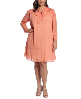 London Times Women's Tie Neck Shift Dress Orange Size Petite Small