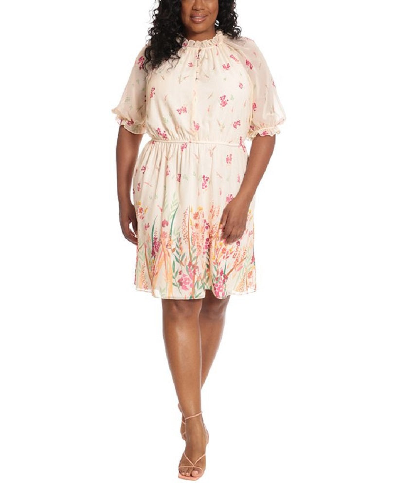 London Times Women's Cinched Waist Chiffon Dress Beige Size 18W