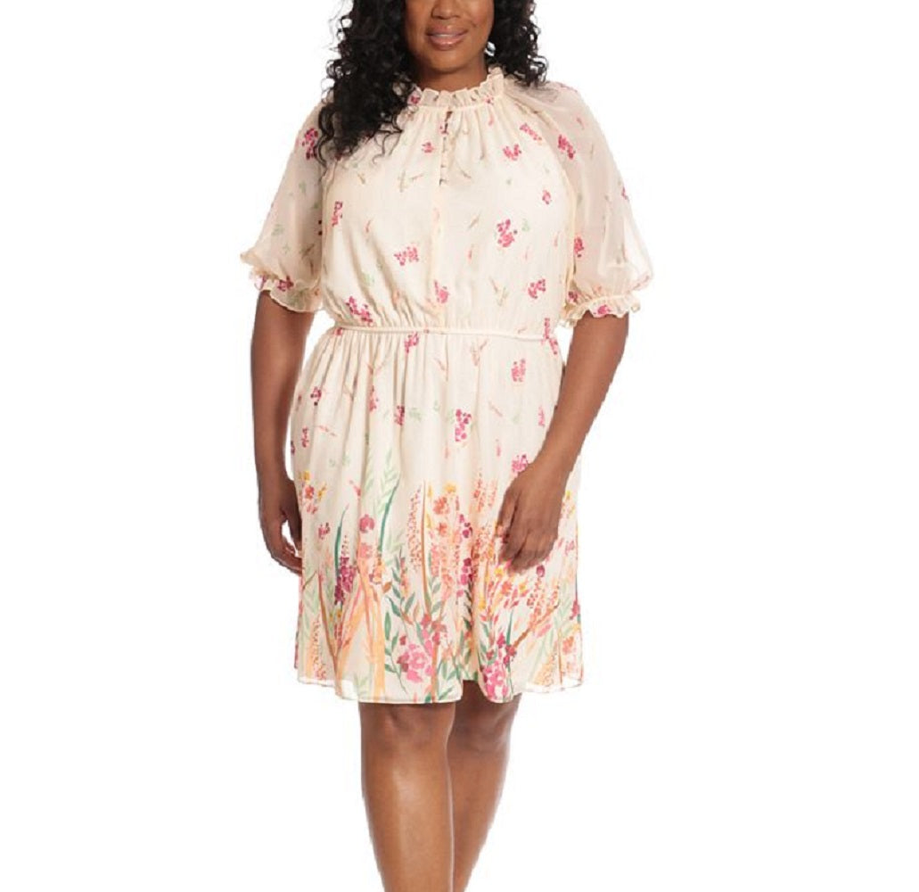 London Times Women's Cinched Waist Chiffon Dress Beige Size 18W