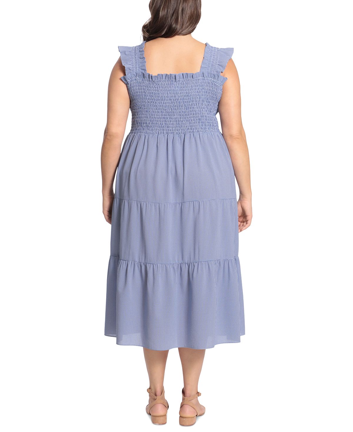 London Times Women's Gingham Smocked Top Midi Dress Blue Size 3X