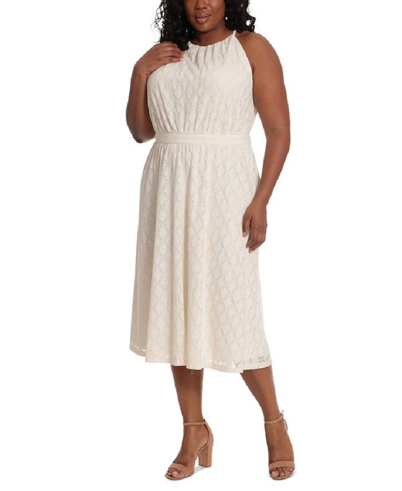 London Times Women's Diamond Stretch Lace Halter Dress White Size 14W
