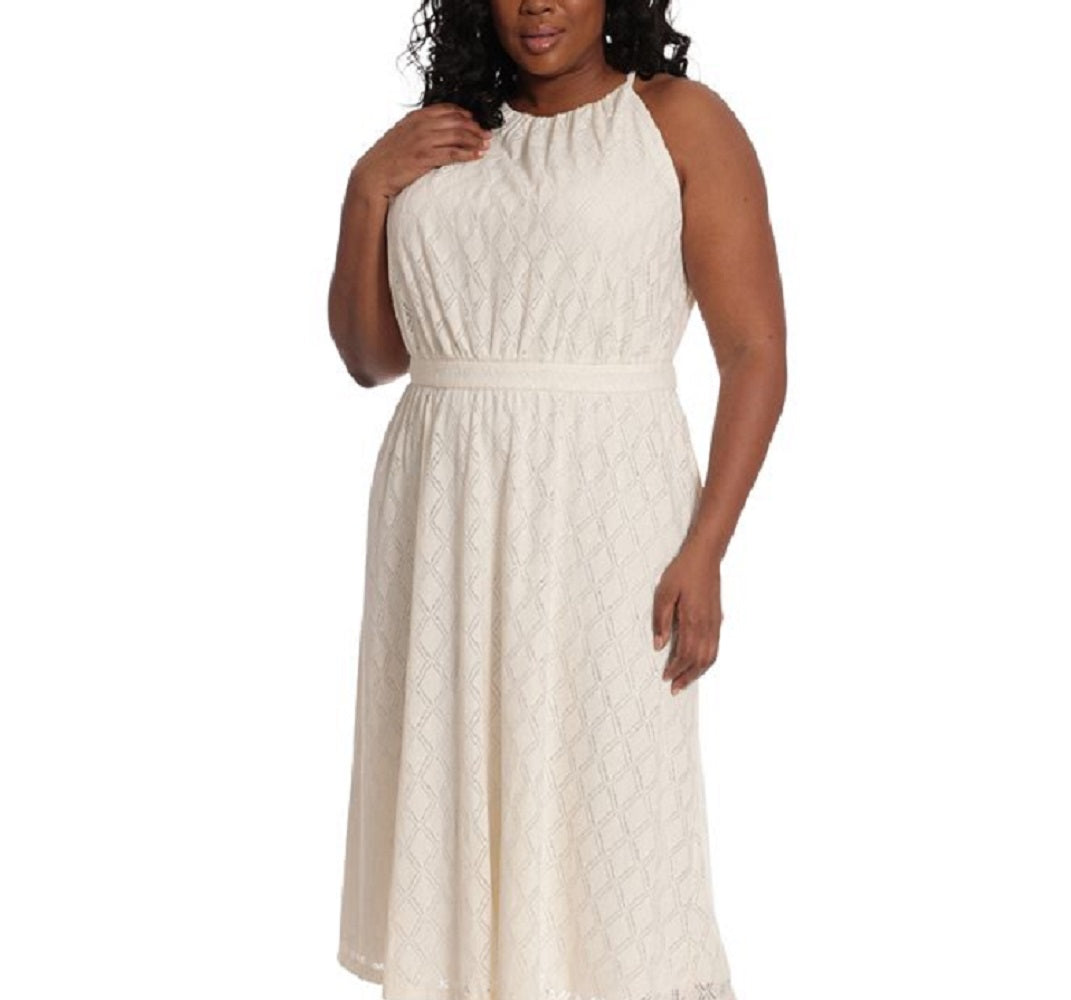 London Times Women's Diamond Stretch Lace Halter Dress White Size 14W