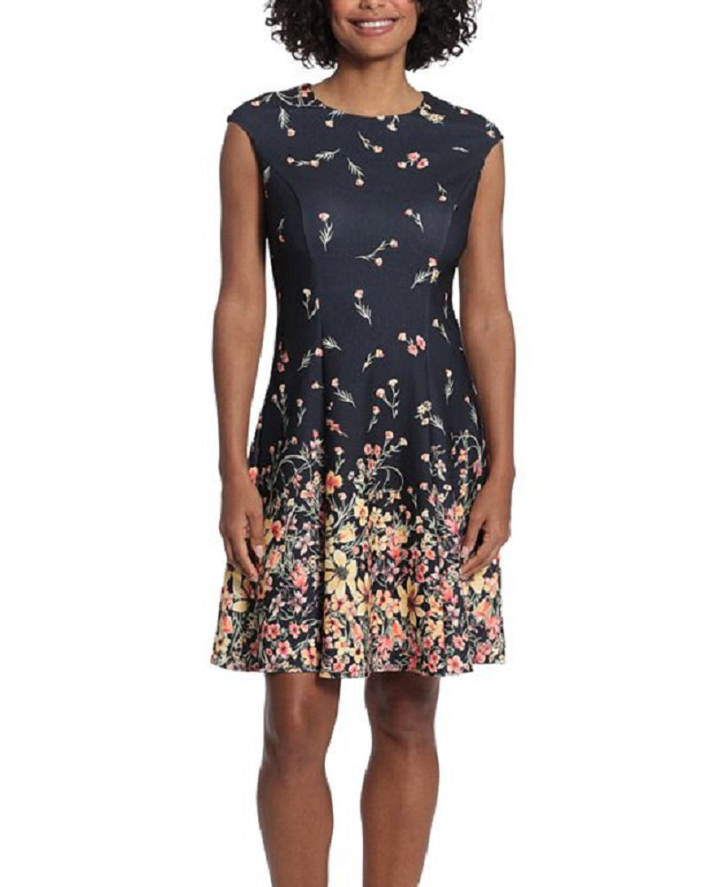 London Times Women's Printed Fit & Flare Dress Black Size 14 Petite