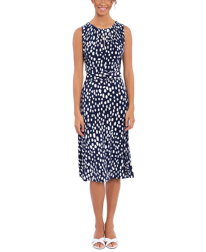 London Times Women's Pleated Neck Belted Dress Blue Size 10Petite