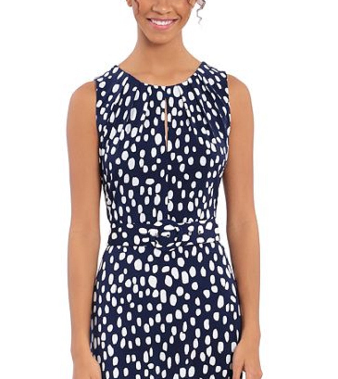 London Times Women's Pleated Neck Belted Dress Blue Size 10Petite