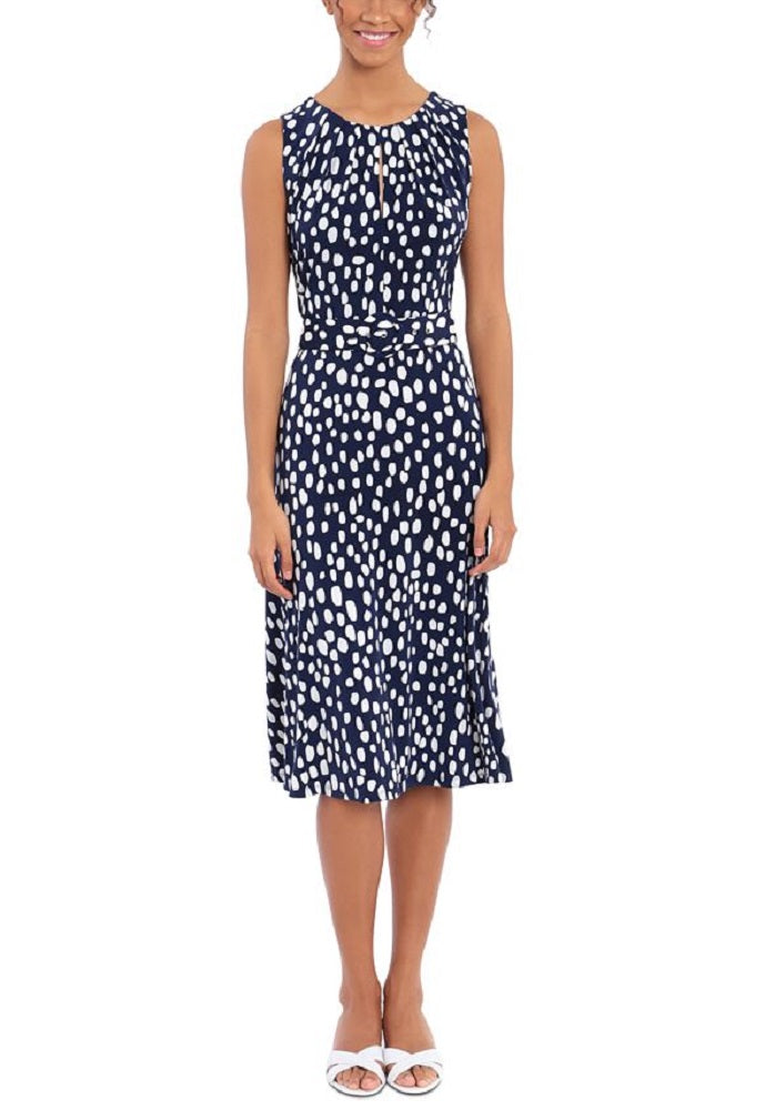 london-times-womens-pleated-neck-belted-dress-blue-size-6petite