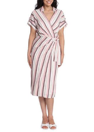 London Times Women's Striped Wrap Style Dress Pink Size 14