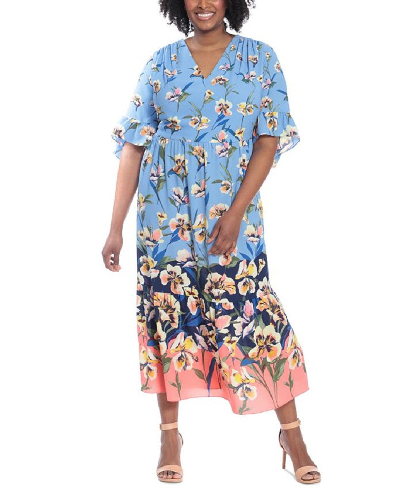 London Times Women's Floral Print Maxi Dress Blue Size 22W