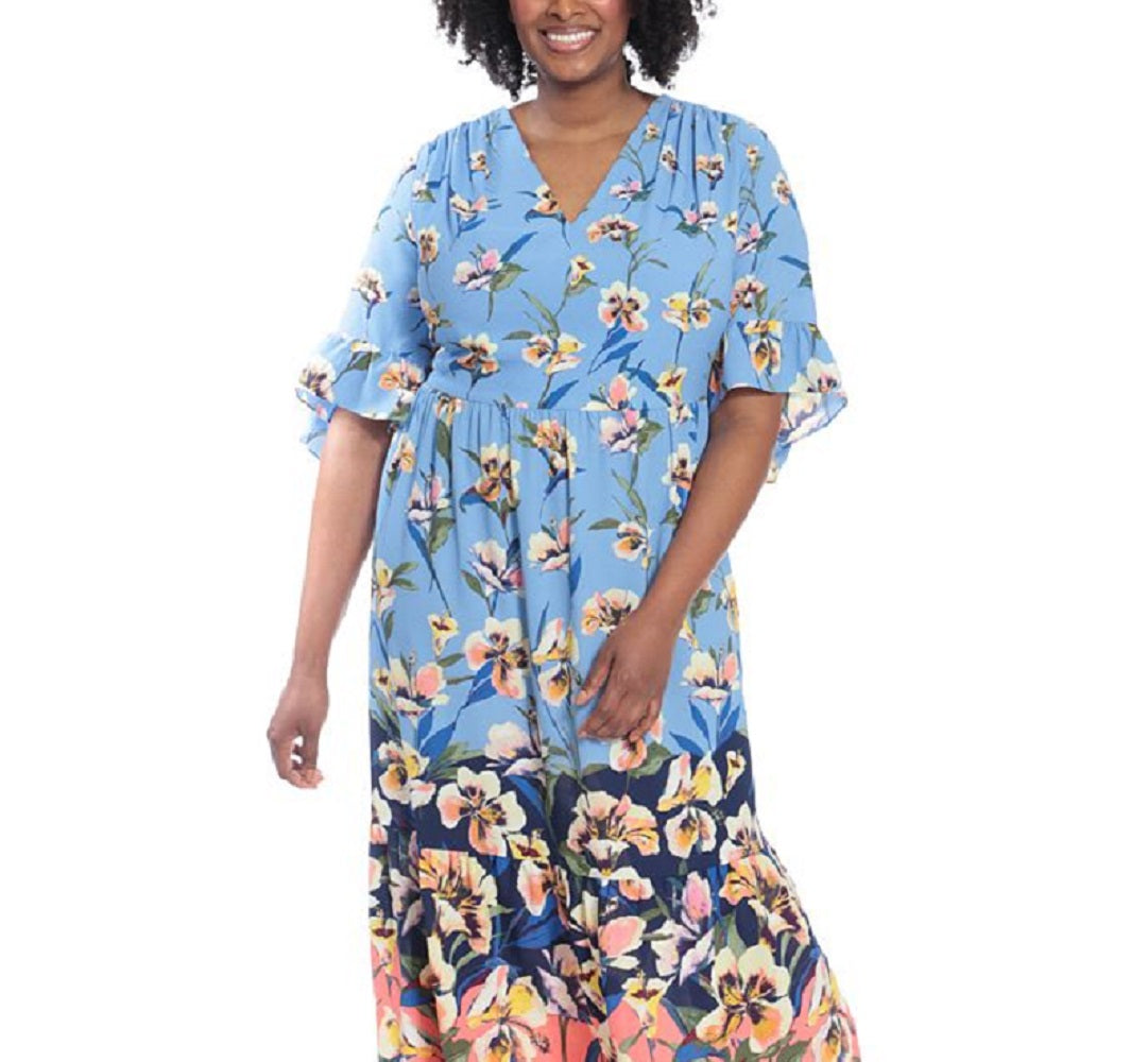 London Times Women's Floral Print Maxi Dress Blue Size 22W