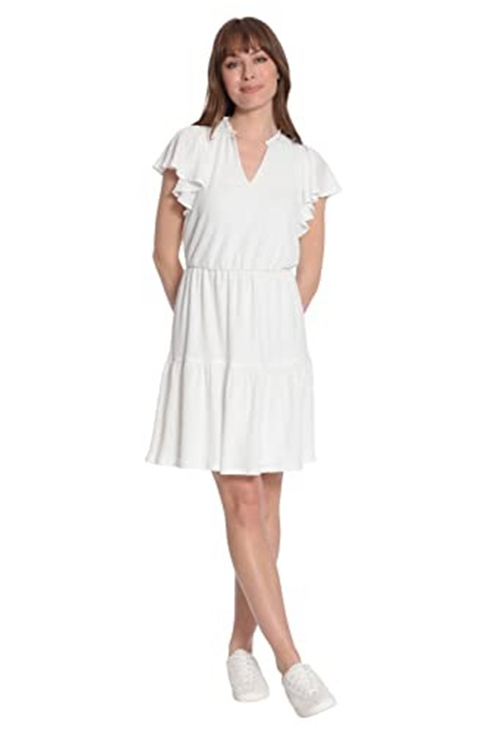 london-times-womens-white-flutter-sleeve-tiered-fit-and-flare-size-2x