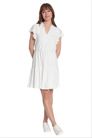 London Times Women's White Flutter Sleeve Tiered Fit and Flare Size 2X