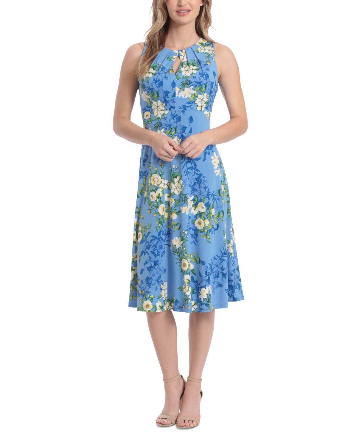 London Times Women's Floral Print Pleated Keyhole Neck Midi Dress Blue Size 8