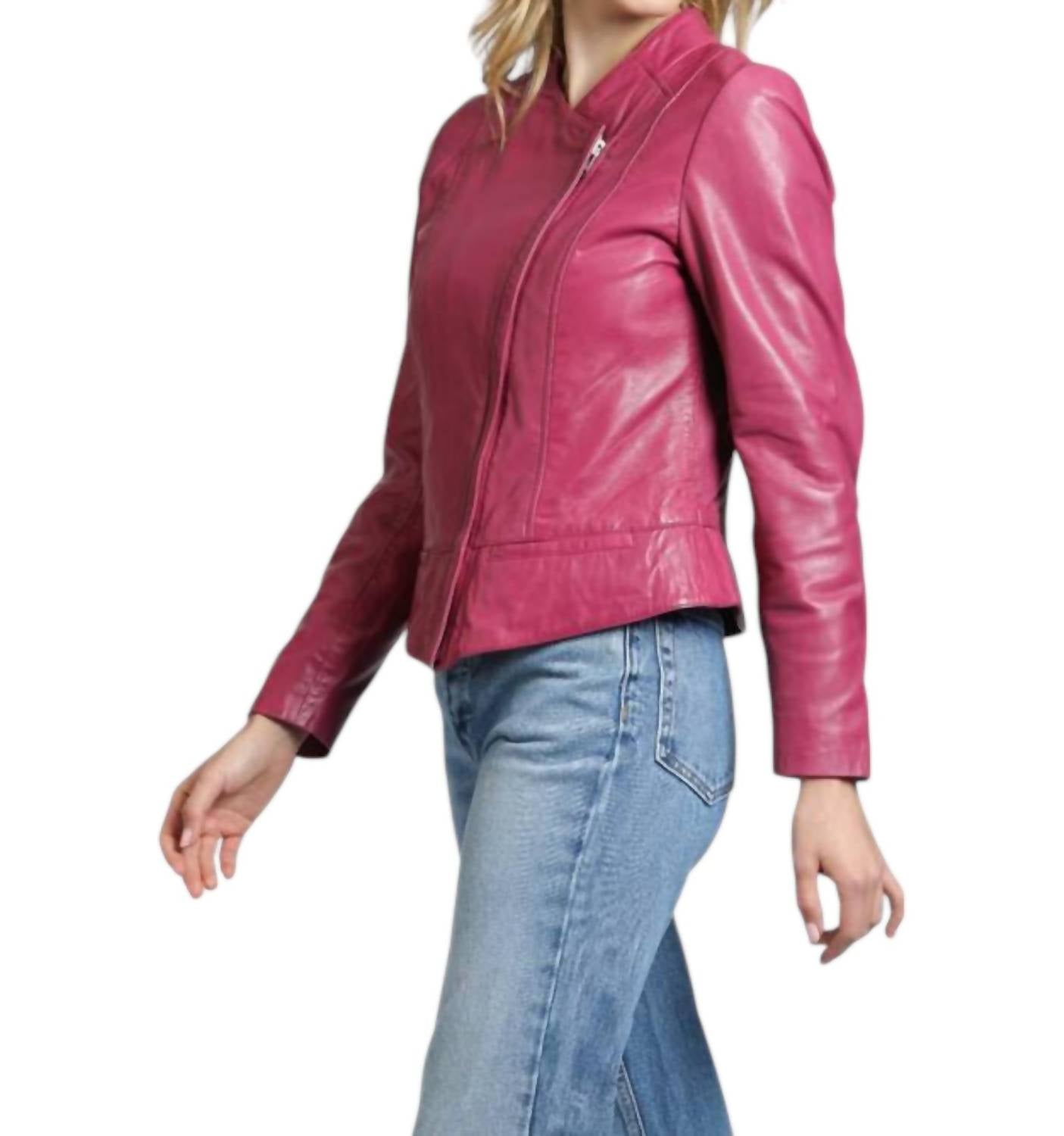 11 Uptown - Cropped Collarless Lamb Leather Zip Up Jacket