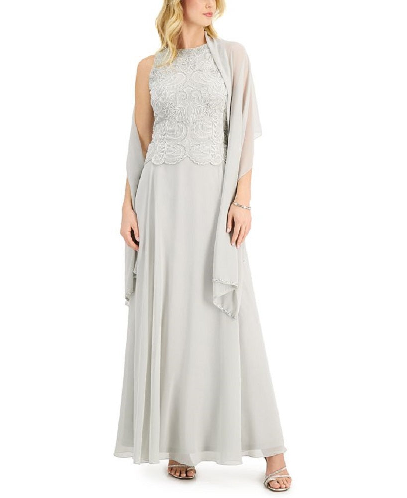 J Kara Women's Beaded Gown & Chiffon Scarf Silver Size 6