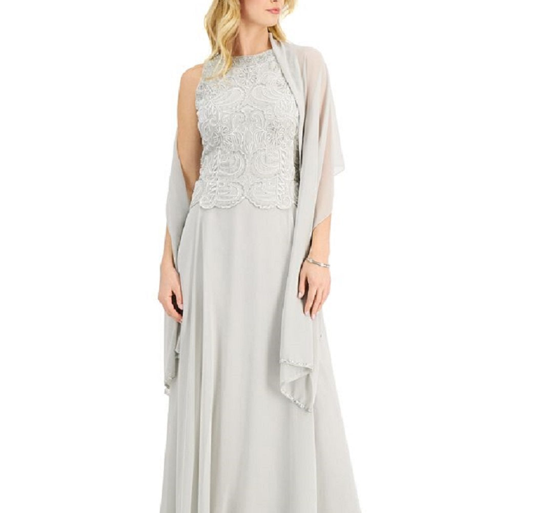 J Kara Women's Beaded Gown & Chiffon Scarf Silver Size 6