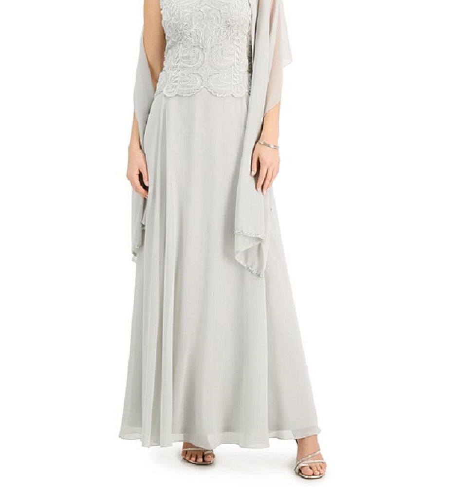 J Kara Women's Beaded Gown & Chiffon Scarf Silver Size 6