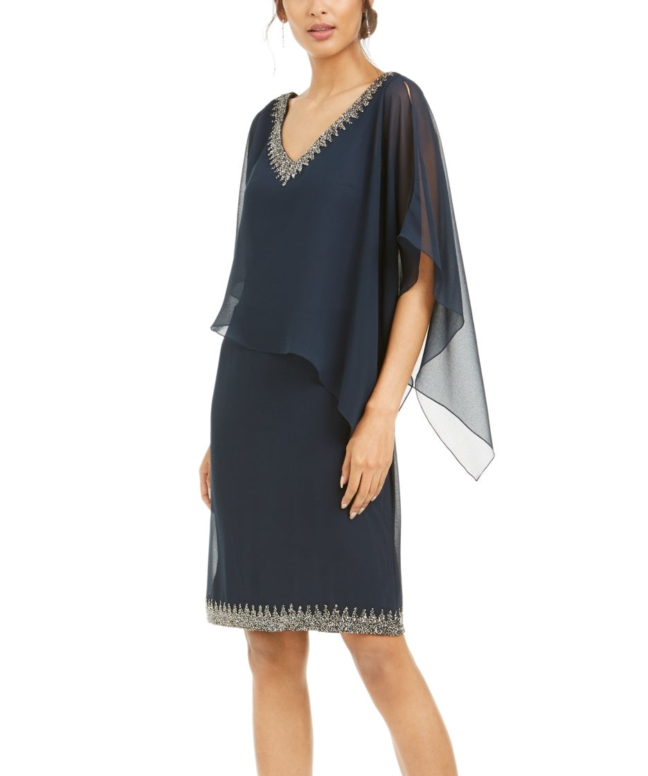 J Kara Women's Embellished Overlay Sheath Dress Blue Size 16