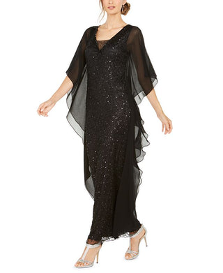 J Kara Women's Sequined Chiffon Butterfly Gown Black Size 14