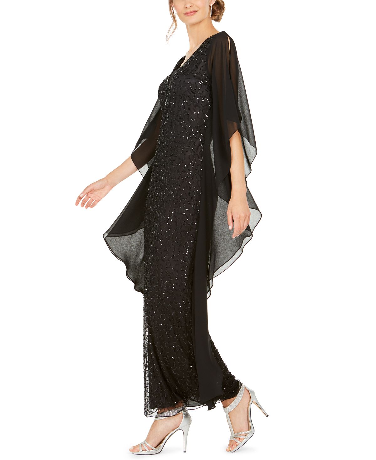 J Kara Women's Sequined Chiffon Butterfly Gown Black Size 14