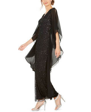 J Kara Women's Sequined Chiffon Butterfly Gown Black Size 14