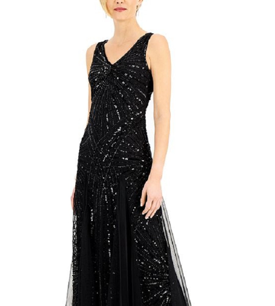 J Kara Women's V Neck Beaded Gown Black Size 10