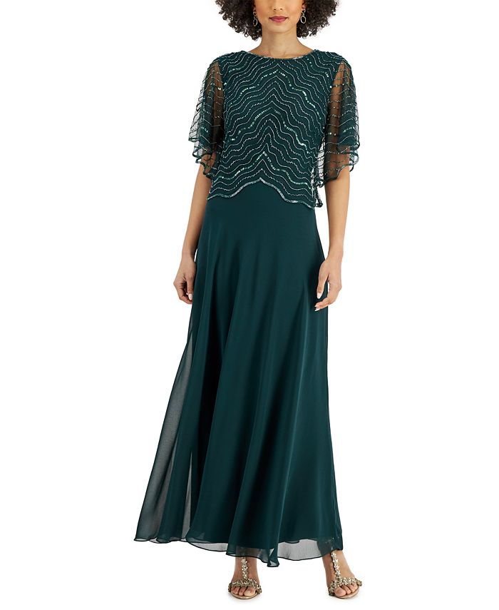 J kara Women's Flutter Sleeve Round Neck Full-Length Evening Gown Dress Green Size 8