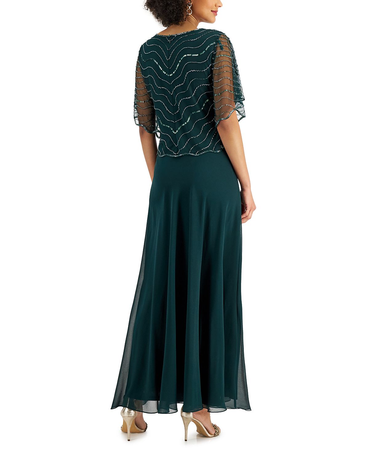 J kara Women's Flutter Sleeve Round Neck Full-Length Evening Gown Dress Green Size 8