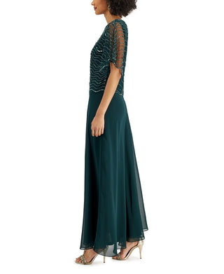 J kara Women's Flutter Sleeve Round Neck Full-Length Evening Gown Dress Green Size 8