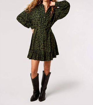 Apricot - Leopard Ruffle Hem Belted Waist Shirt Dress