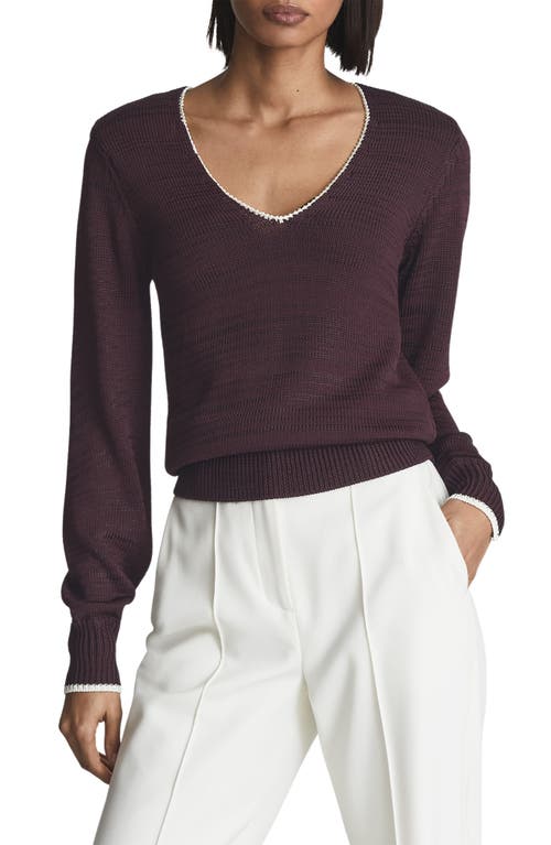 Reiss Talia Tipped V Neck Sweater Burgundy Size XSmall